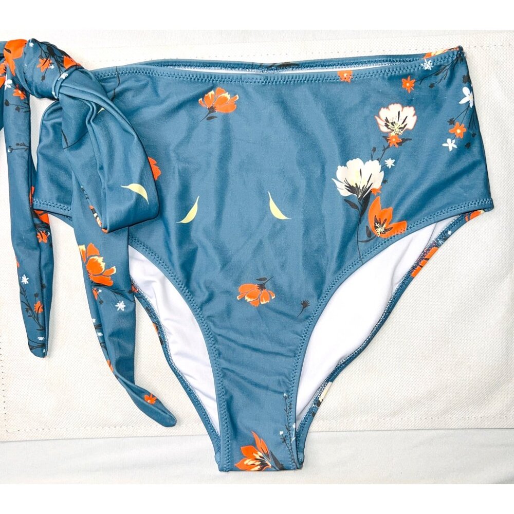 Swim Wear Floral Bikini Bottoms With Side Tie Blue With Orange Swim Bottom Small